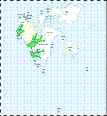 Kart som viser omtrentlig antall personer som er ilandsatt med tenderfartøy ulike steder på Svalbard i 2014